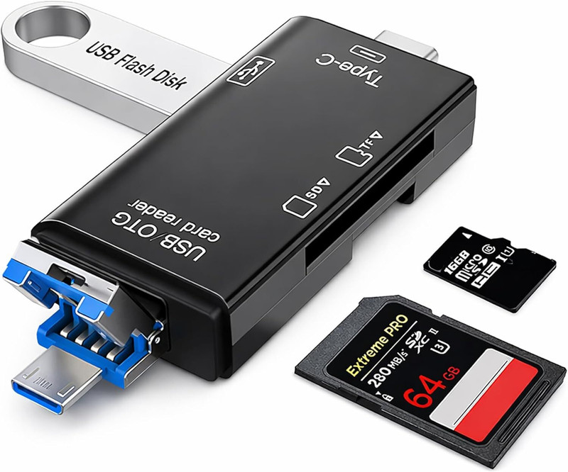 spincart 6-in-1 OTG USB Card Reader, SD/TF Reader with USB-A, USB-C & Micro USB Plug Card Reader(Black)