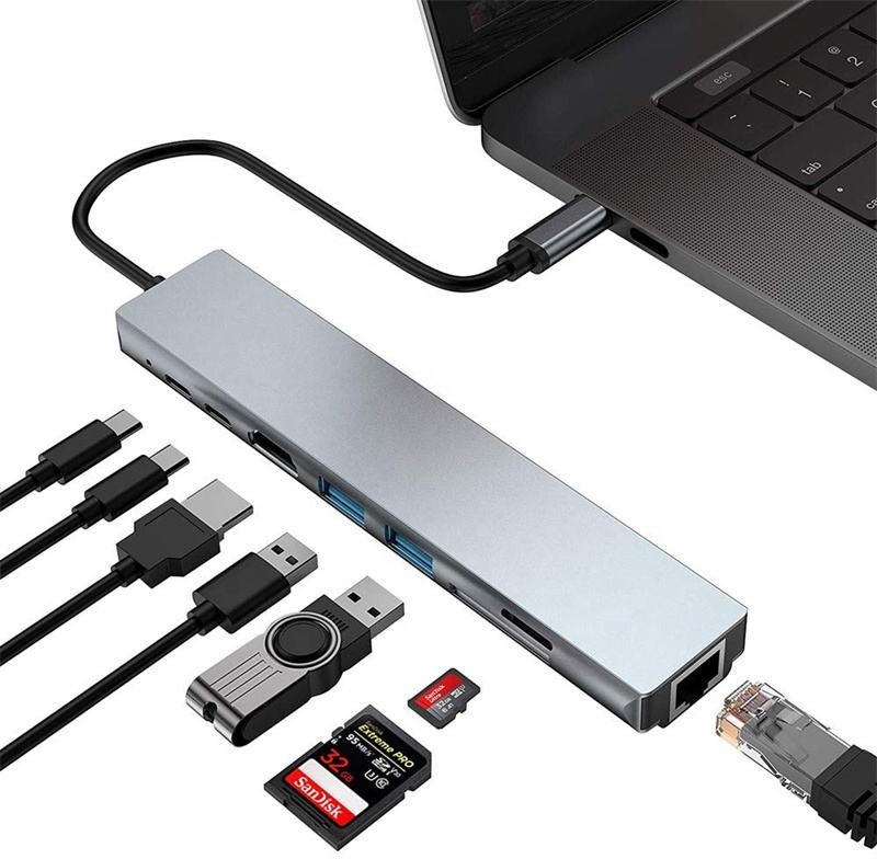 Foxne Point USB C Multiport Adapter 8-in-1 with 4K HDMI, 87W Charging, Ethernet Card Reader(Grey)
