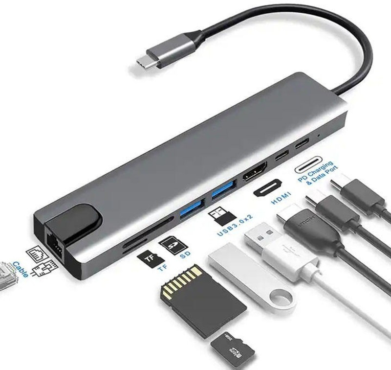 Good One 8-in-1 USB C Adapter for Laptop with HDMI, USB 3.0, RJ45, SD/TF Slots Card Reader(Silver)