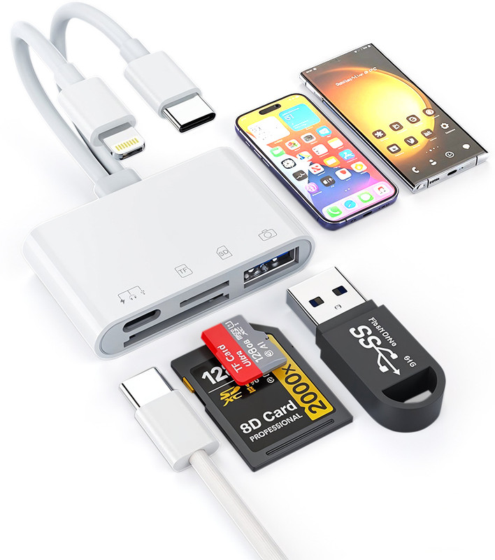 Verilux Multi Card Reader for iPhone USB C Lightning SD TF Flash Drive Reader Portable Card Reader(White)