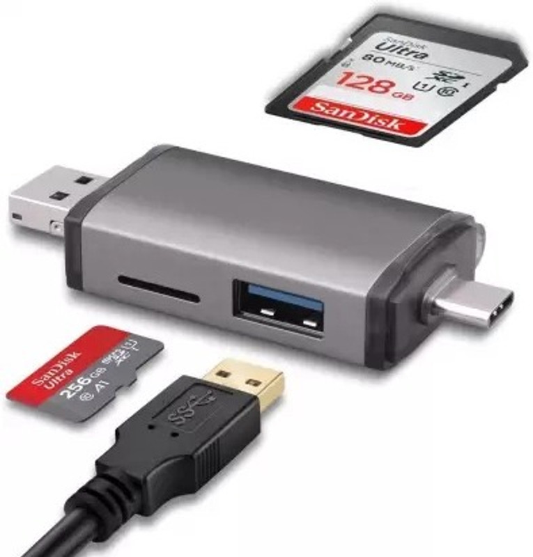 TECHGEAR 6 in 1 OTG SD USB Type C USB 3.0 and Micro USB for Memory Card Card Reader(grey silver)