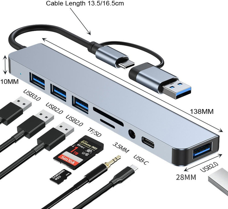 Foxne Point USB Extender One to Eight Splitter Laptop Multi-interface Hub 3.0hub Card Reader(Silver)