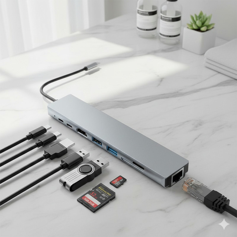 Foxne Point Type C Docking Station 8-in-1 with 4K UHD HDMI, Power Delivery, Card Reader Card Reader(Grey)