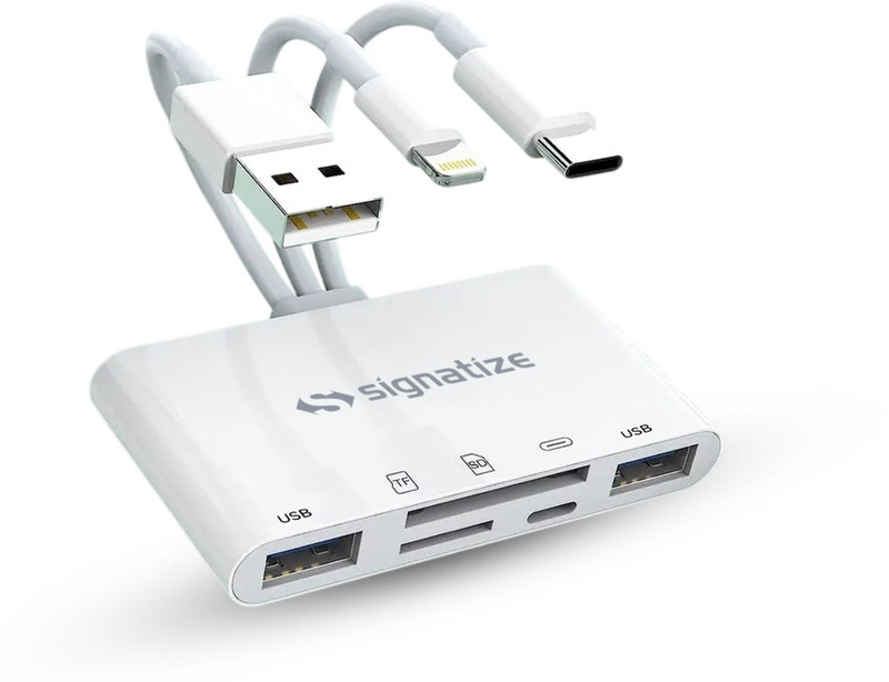 SIGNATIZE Universal 5-in-1 SD Card Reader Compatible with iPhone & USB Devices, High Speed Card Reader(White)