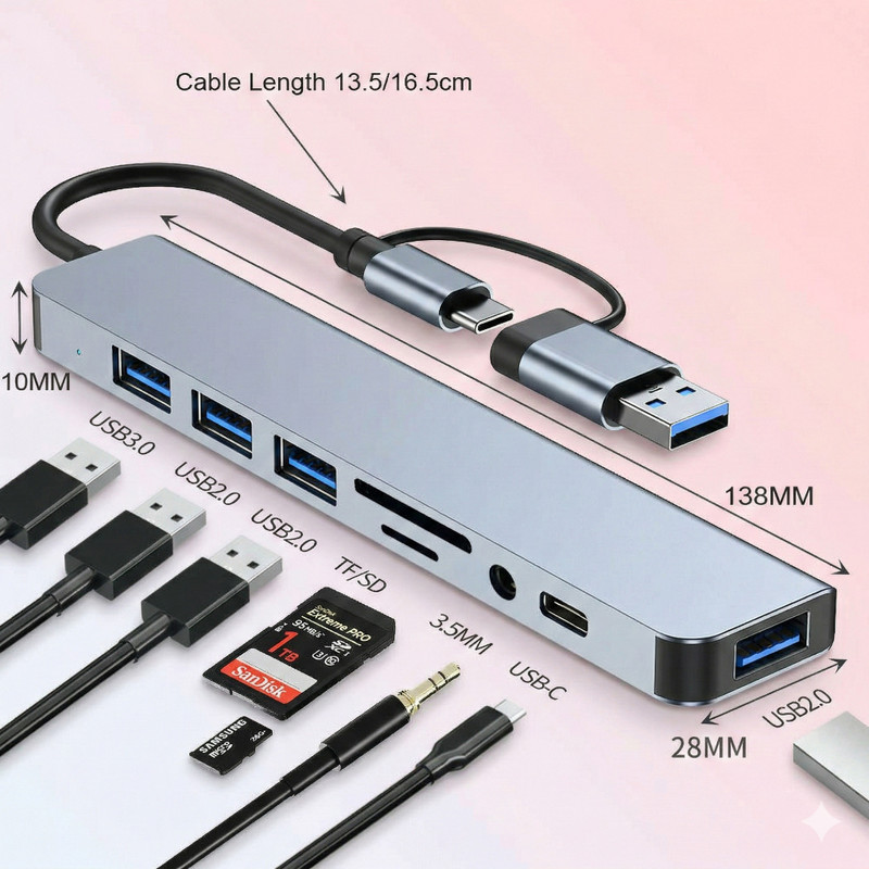 AiFit USB C Multiport Adapter with USB 3.0, SD/TF Reader & 3.5mm Headphone Jack Card Reader(Grey)
