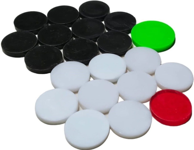 PERICO ACRYLIC CARROM COINS 10BLACK,9 WHITE,1RED WITH GREEN STRICKER Carrom Pawns(Pack of 20)