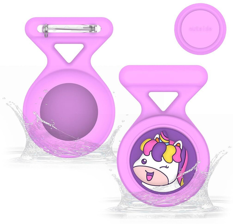 GUSTAVE Waterproof Unicorn AirTag Holder Purple Silicone Brooch Pin for Kids Bags Location Smart Tracker(Purple)