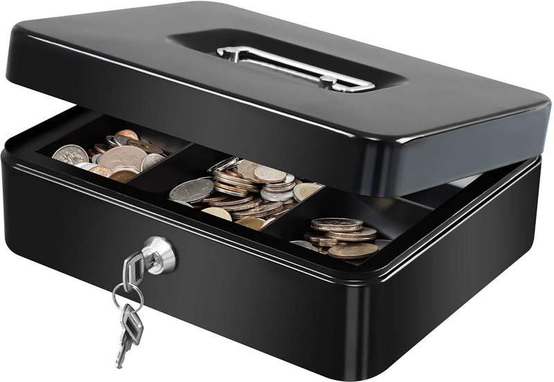 Onlyeasy Metal Jewelry Safe Box with Plastic Coin Tray medium Cash Box(6 Compartments)