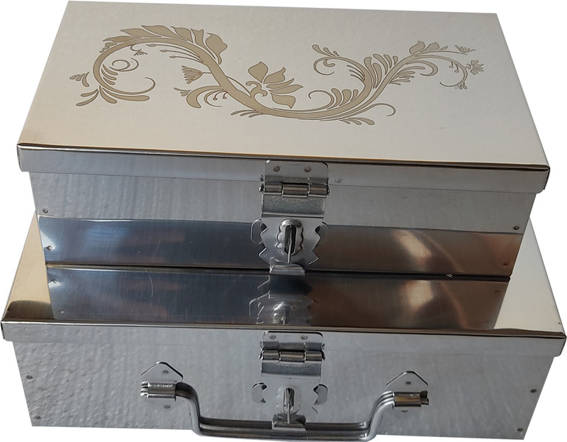 GINOSET Steel Storage Box,Cash PoojaSafe Locker Box-8 inch & 9 inch (Multi pack of 2) Cash Box(1 Compartments)