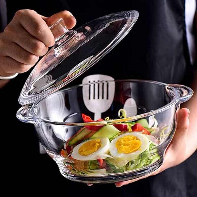 catliyer Solid Microwave Oven Safe Serving Glass Bowl Set with Glass Lid, Serve Casserole(1000 ml)