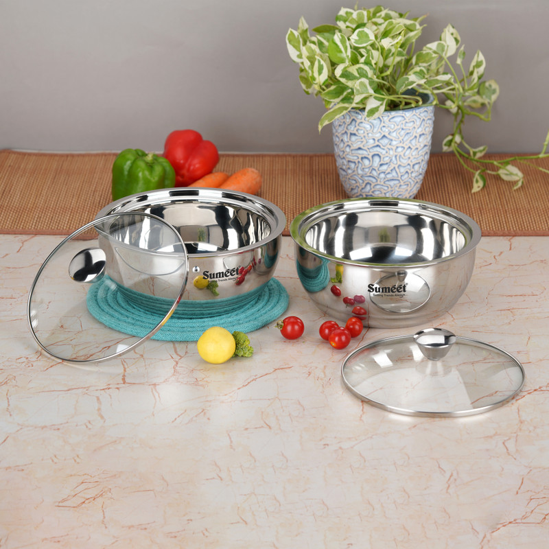 Sumeet Stainless Steel Double Wall Insulated Hot Pot Casserole with Glass Lid Pack of 2 Thermoware Casserole Set(1000 ml)