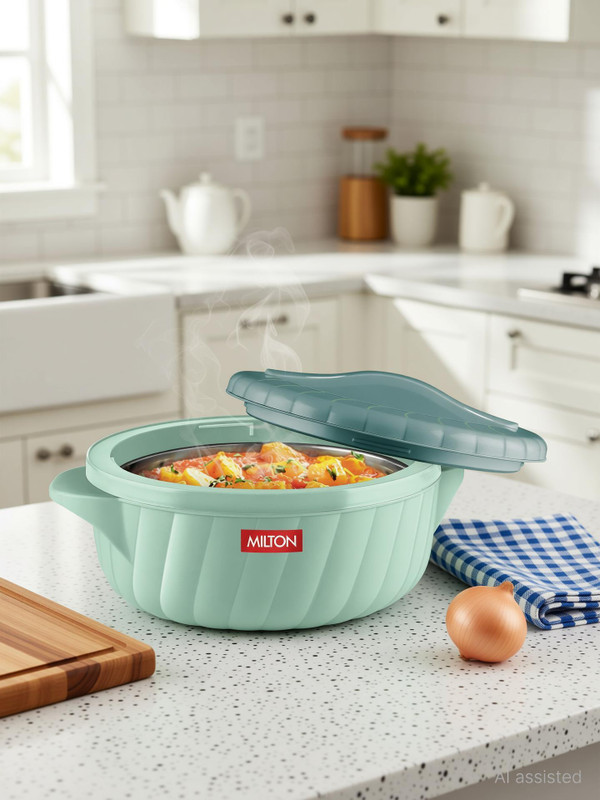 MILTON Flora 2000 Insulated Inner Steel Casserole for Roti, 2.1 Litre, Light Green Serve Casserole(2100 ml)