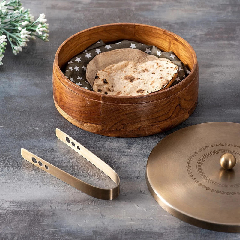 nestroots Wooden Chapati Box Roti Casserole with Tong for Dining Table Serve Casserole(800 ml)