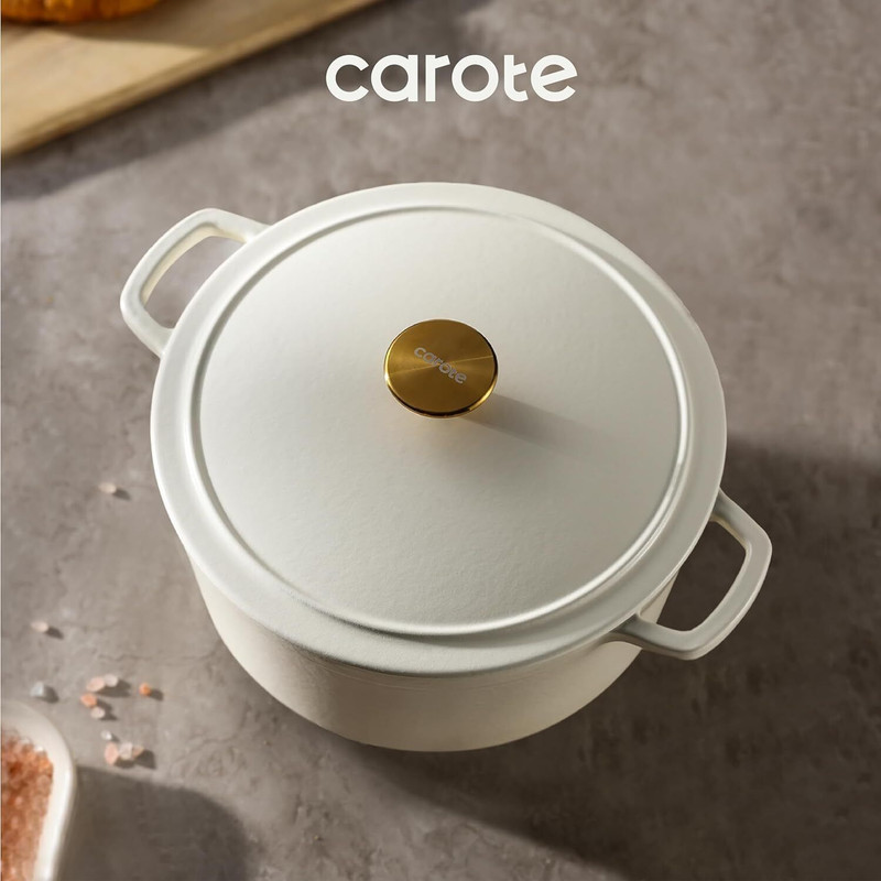 Carote Enamel Coated Cast Iron Dutch Oven Biryani Pot with Lid, White, Heavy Bottom Cook and Serve Casserole(4700 ml)
