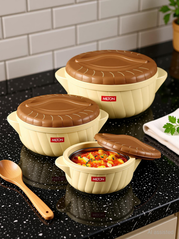 MILTON Flora Jr Set Insulated Inner Steel Casserole 3 Pc (455ml,750ml & 1.25L) Cream Pack of 3 Serve Casserole Set(1250 ml)