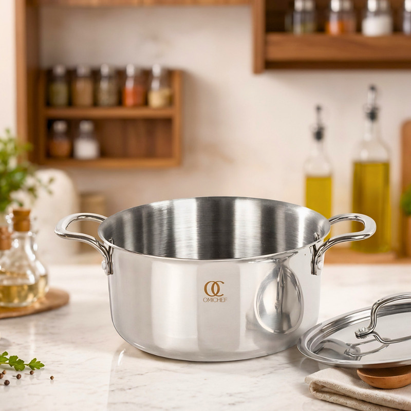 Omichef Triply Stainless Steel Biryani Pot Casserole 24cm (6L) with Lid Induction Base Cook and Serve Casserole(6000 ml)