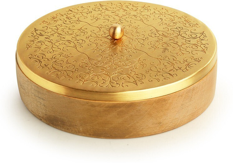 ExclusiveLane Handcrafted' Chapati Roti Box Brass & Mango Wooden Serve Casserole(1000 ml)