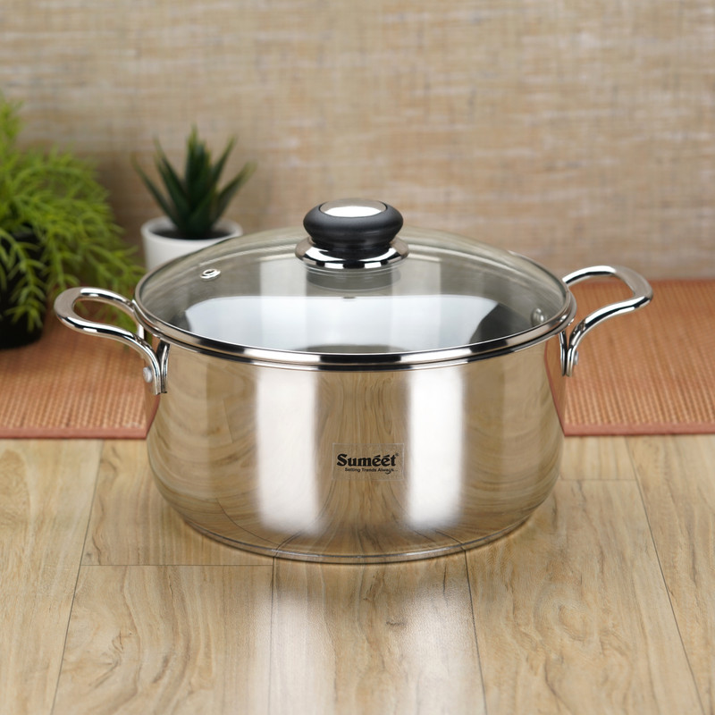 Sumeet Stainless Steel InductionBottom Casserole with Glass Lid 4LTR, 23cm Dia,Silver Pack of 2 Serve Casserole(4000 ml)