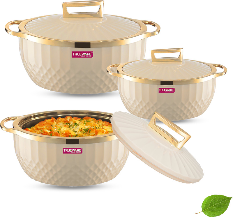 Trueware KRYSTAL Casserole Inner Steel Casserole Set of 3, 750 ml,1000 ml & 1500 ml White Pack of 3 Thermoware Casserole Set(750 ml, 1000 ml, 1500 ml)