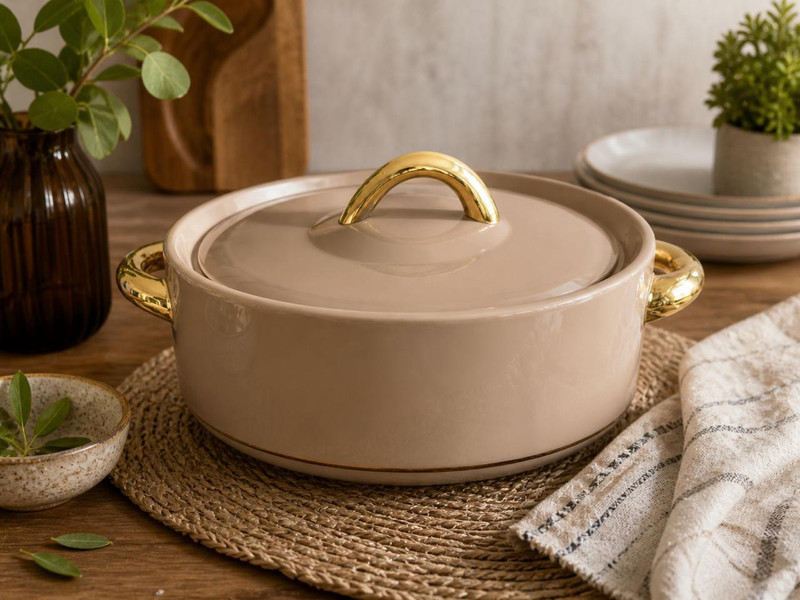Hanumantam Roti Daliya Elegant Ceramic Casserole Dish with Gold Handles Cook and Serve Casserole(1000 ml)
