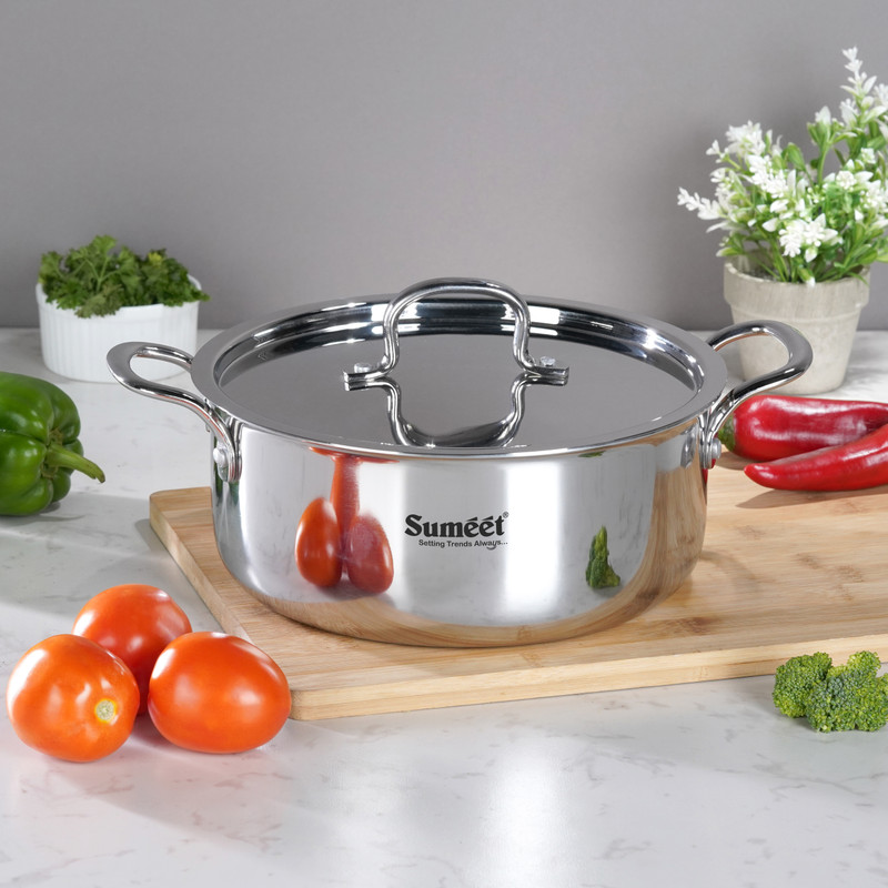 Sumeet CookSmart TriPly Steel-Aluminum-Steel Casserole -24Cm,Silver Pack of 2 Cook and Serve Casserole(3750 ml)
