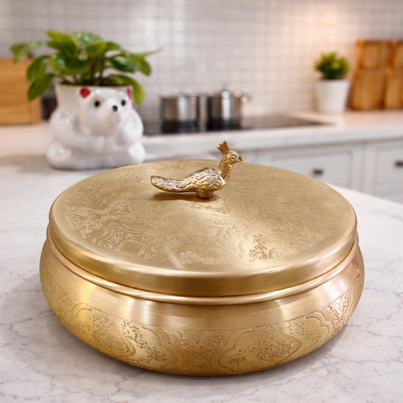Anyras Trove Pure Brass Roti Box Chapati Box for Kitchen Peacock Lid|Casserole(20Cm,1500ML) Serve Casserole(1500 ml)