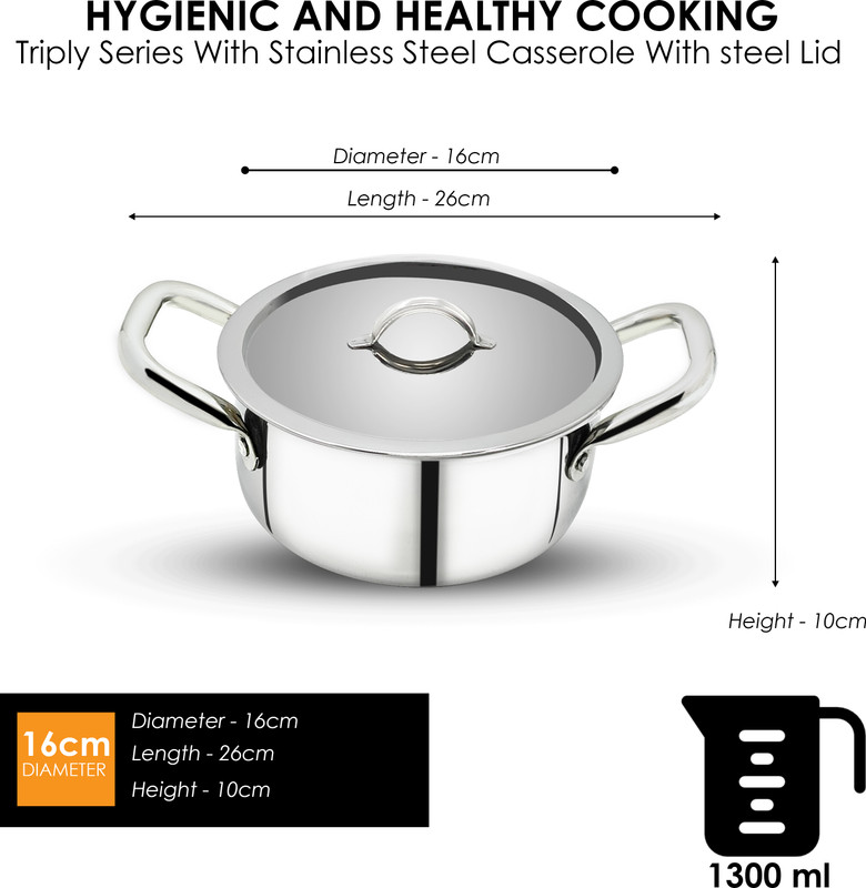 Sigri-wala Cook Healthy Triply Casserole 16 cm Cook and Serve Casserole(1300 ml)