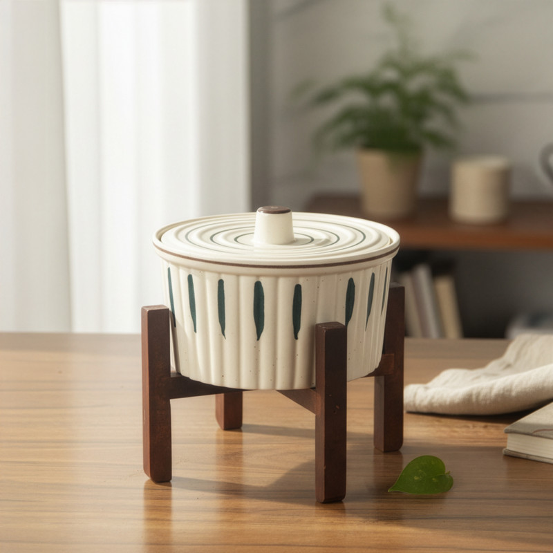 CERAMYKA CERAMYKA Ceramic Serving Pot with Wooden Stand & Lid Serve Casserole(1500 ml)