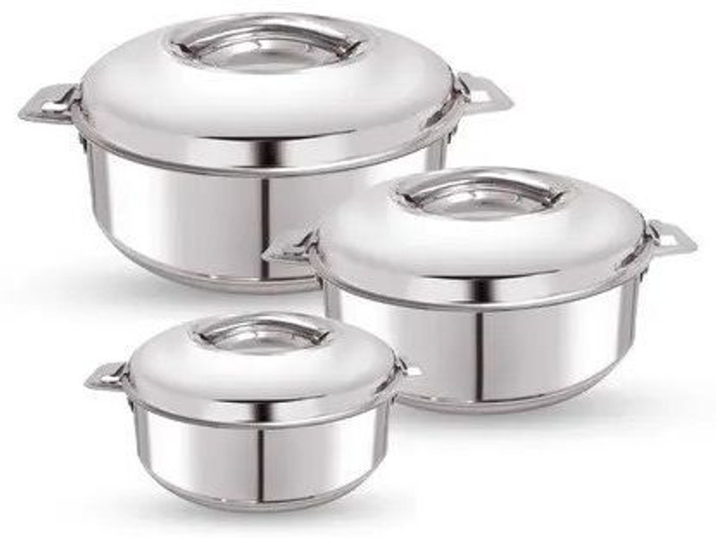 MITHALI Steel Double Insulated Hot Pot Pack of 3 Cook and Serve Casserole(1500 ml, 2500 ml, 3500 ml)