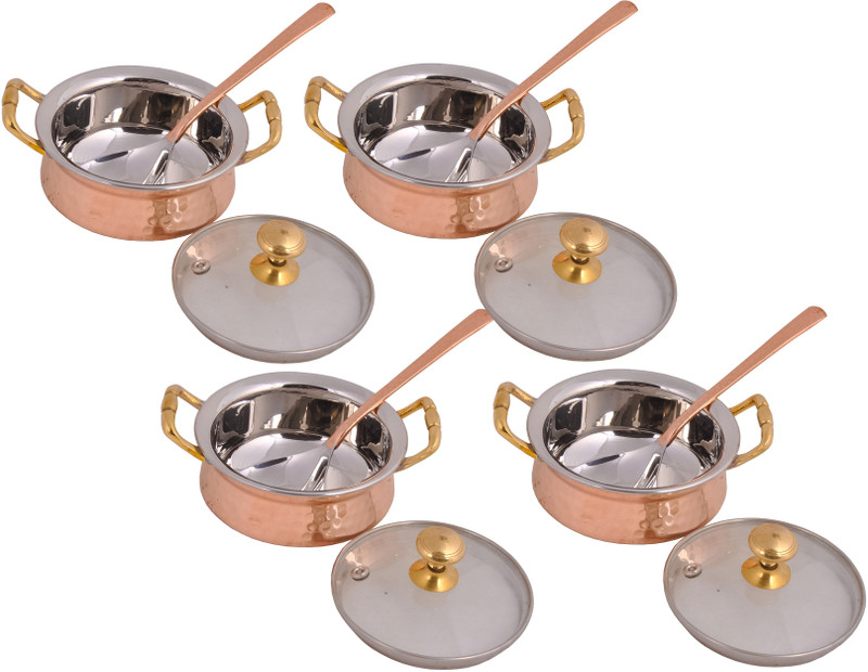 Shivshakti Arts Steel Copper Royal Handi/Casserole with Glass Lid & Serving Spoon(400 ML,NO-1) Pack of 4 Cook and Serve Casserole Set(400 ml)