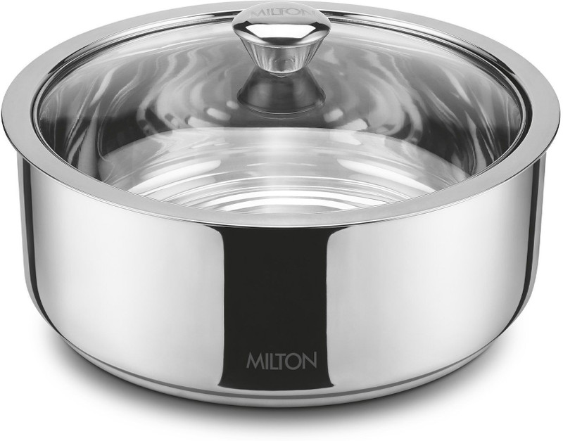 MILTON I Steel Roti Casserole with Glass Lid | Double-Walled, Silver Serve Casserole(1100 ml)