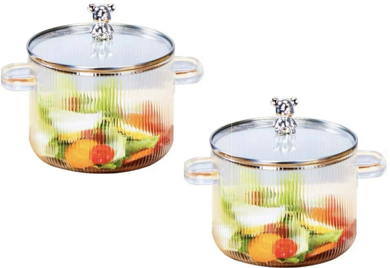 IndusBay Fluted Glass 1600 ML Flame Heat Microwave induction Proof Safe Glass Cooking Pot Pot 13 cm diameter 1.6 L capacity with Lid(Glass)