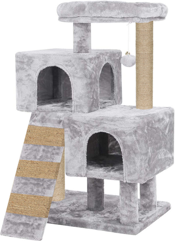 FURRLOVERS Cat House with Scratching Posts Ladder | Pompom Ball|Fur Fabric|Condo(46 -BR) Free Standing Cat Tree