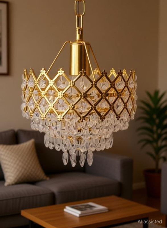 Shri Mahal Antiques 02- Metal golden Decorative chandelier Lights Hanging Crystal Pendant Ceiling Lamp (Golden)(PACK OF 1 WITH BULB) Chandelier Chandelier Ceiling Lamp(Gold, Clear)