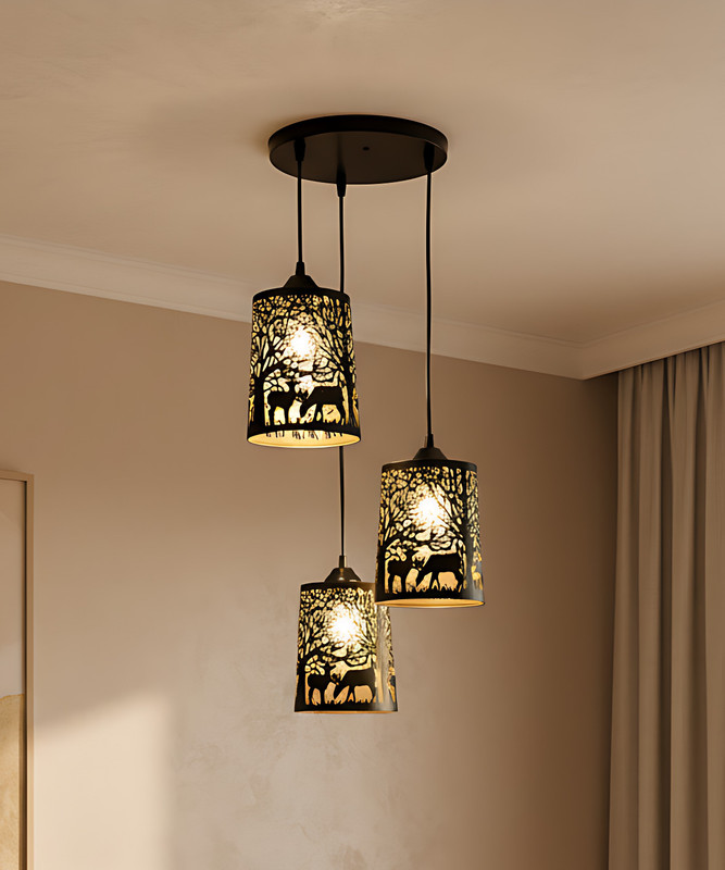DECORLIA EMPORIO Modern Deer Forest Silhouette 3-Light Cluster Lamp (BULB INCLUDED) Pendant Lamp Ceiling Lamp(Black)