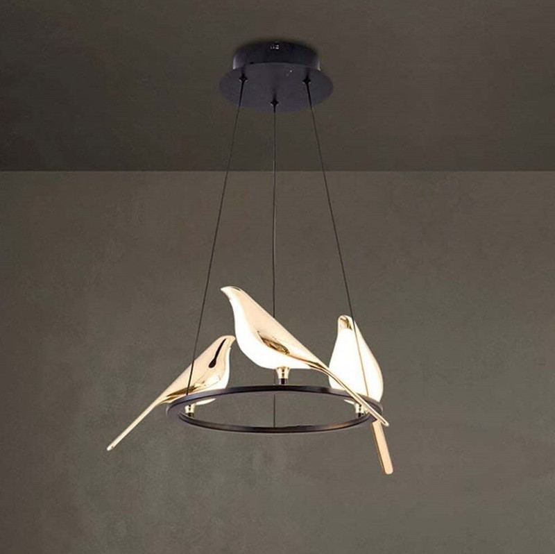 Prmoagen LED 3 Heads Magpie Bird Model Pendants Chandelier Ceiling Lamp(Gold)
