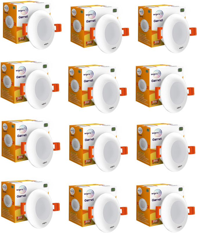 Wipro Garnet 3W LED Mini Downlight, Pack of 12 Recessed Ceiling Light Ceiling Lamp(White)