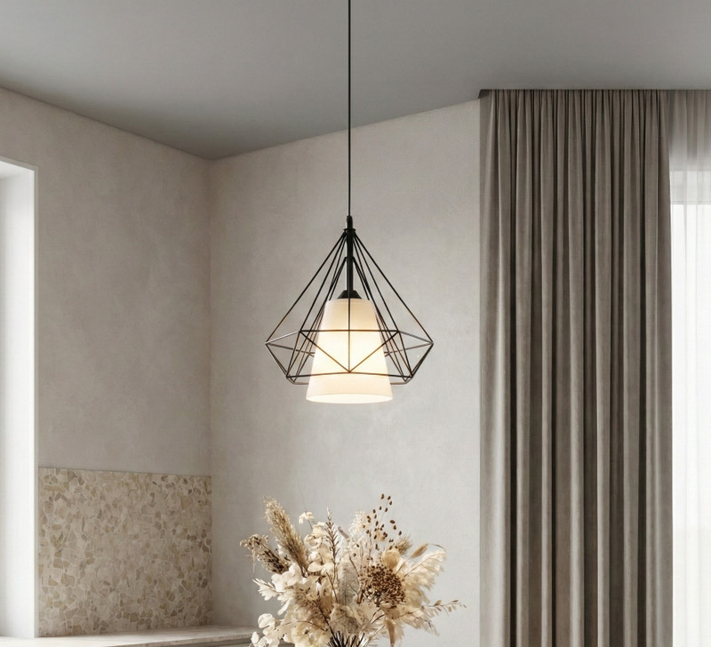 DECORLIA EMPORIO Diamond Ceiling Lamp with LED Bulb –Fabric Inner Shade Pendants Ceiling Lamp(Black)
