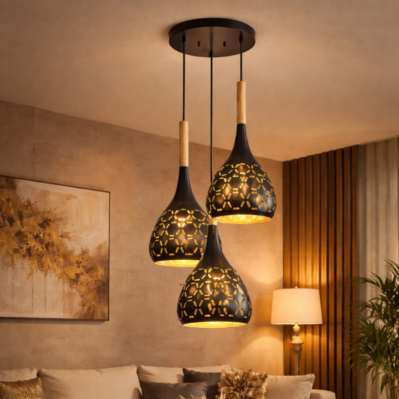 THE UJALAVISTA 3 light black balloon wood round hanging light for living room Ceiling Light Ceiling Lamp(Black)