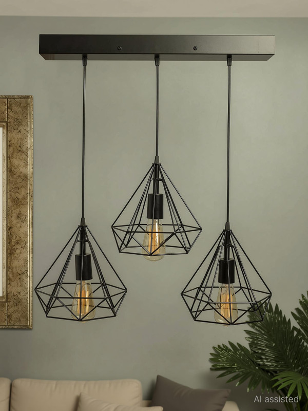 HomesElite Triple Cluster String Ceiling Hanging Pendant Light Home Decor Items Diamond Shape Home Decoration Lighting Modern Braided Cord ,Living Room,Indoor Outdoor Jhumar bar, restaurants, study room, aisle, corridor, coffee shop Decor (Bulb not Included) (Triple Cluster Square Plate) Chandelier