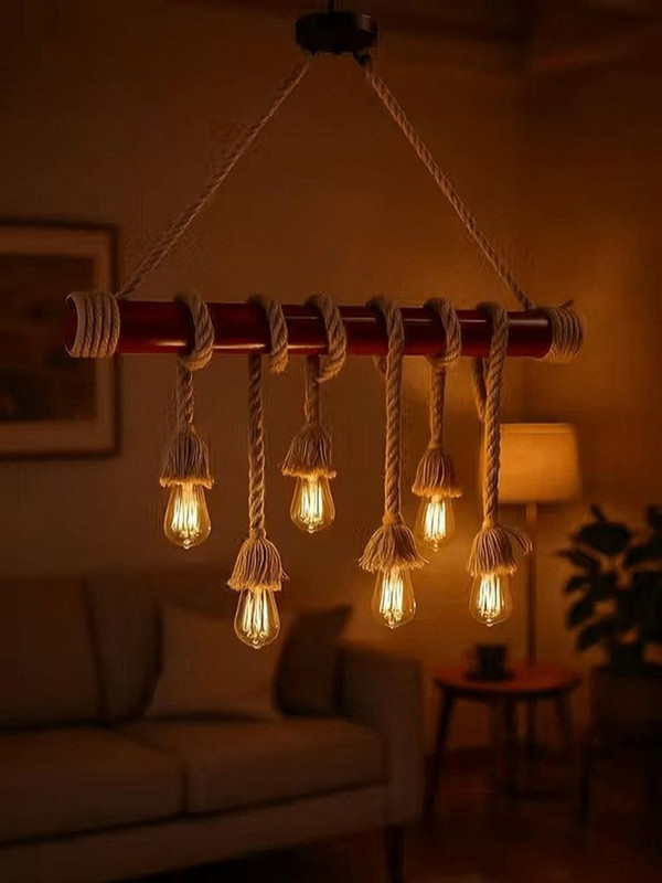 DECODELIGHT HOME Bamboo Pendant Hanging Light | Rustic Rope Ceiling Lamp| For Home & Cafe Decor | Pendant Lamp Ceiling Lamp(Red, Brown)