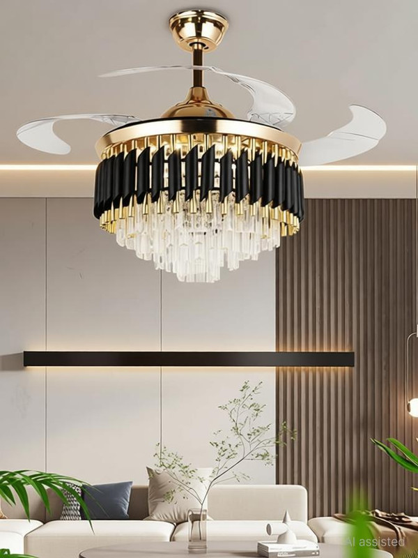 Svah Luxury Black-Gold 42 inch 3 Color Light Dual Control Remote Ceiling Fan Crystal Chandelier Ceiling Lamp(Black, Gold)