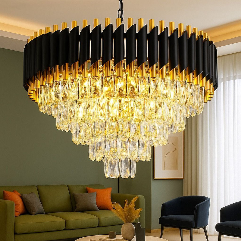 Adwait Crystal Chandelierl Hanging Ceiling Pendant Jhoomer 600mm Black Gold Chandelier Chandelier Ceiling Lamp(Black, Gold)