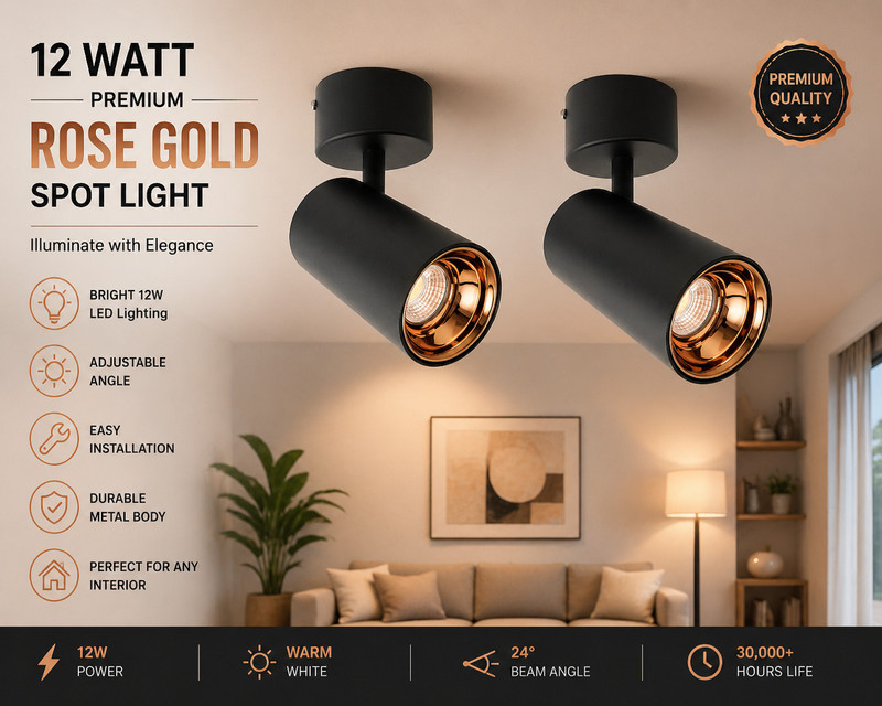 HBX LED Wall/Ceiling Spot Light (12 WATT)Rose Gold, Focus Light, WARM WHITE Light, 2 Spot Light Ceiling Lamp(Black)