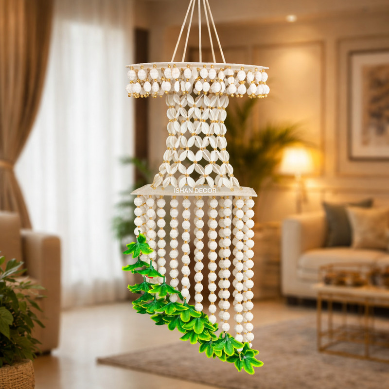 ISHAN Ishan Decor Handmade Beads Hanging Jhumar Wall Decor Chandelier Ceiling Lamp(White)