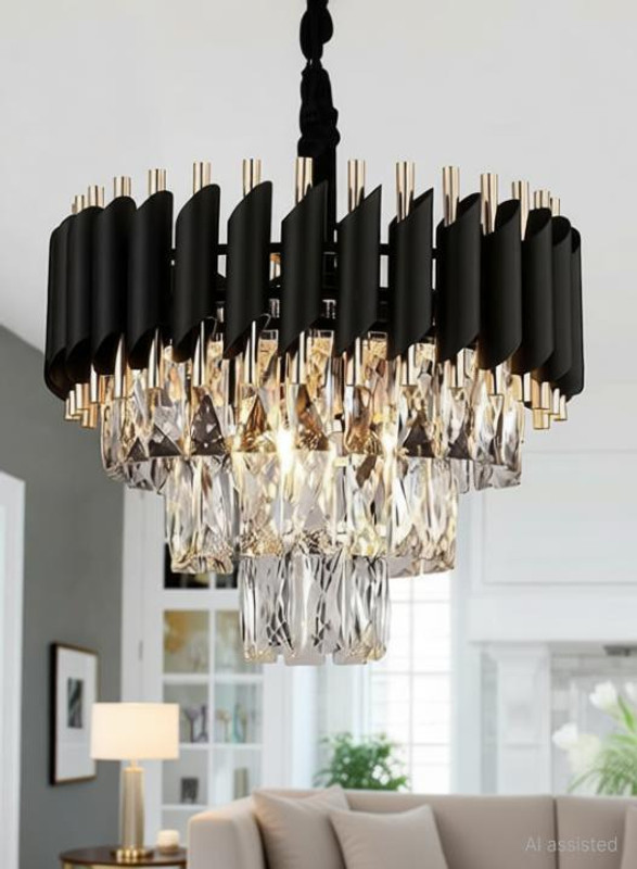 Adwait Glass Crystal Modern Ceiling Jhumar Light Fixure Gold Black( 400mm ) Chandelier Ceiling Lamp(Multicolor)
