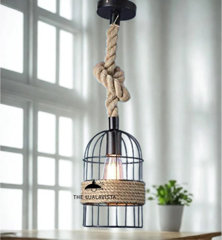 THE UJALAVISTA Vintage Jute Rope Hanging light for Living, Dining Room & Café bulb not included Ceiling Light Ceiling Lamp(Black, Beige)