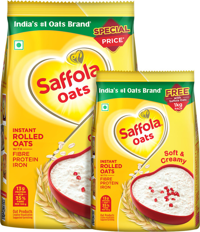 ओट्स कितने रुपए किलो है? 2 Saffola Instant Rolled Oats 1kg + 300g, Soft & Creamy , Protein, Iron & Fibre Pouch(1.3 kg)