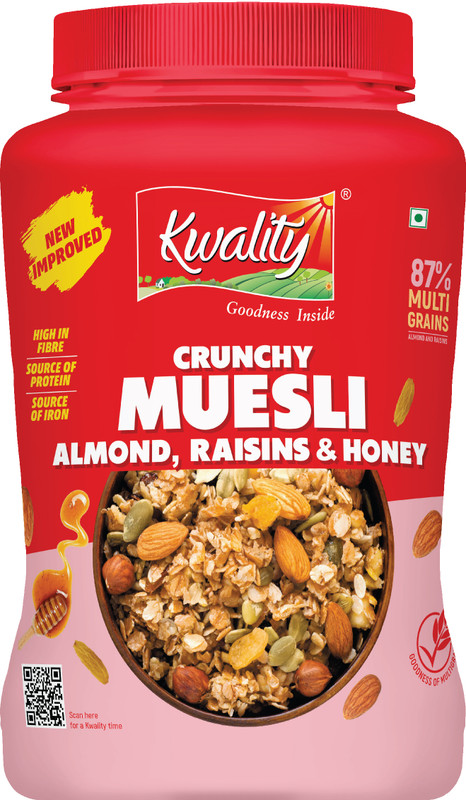 Kwality Crunchy Muesli Almonds, Raisins & Honey 87% Multigrains, High in Fiber & Protein Plastic Bottle(1 kg)