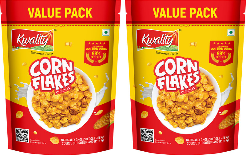 Kwality Corn Flakes, Natural Source of Vitamins, Iron & Proteins, Breakfast Cereal Pouch(2 x 0.5 kg)